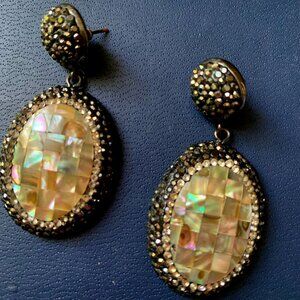 Mosaic of Polished Abalone Shell Teardrop Shape Drop Black Crystal Earrings